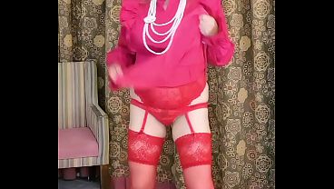 Hot busty milf MariaOld in red stockings and high heels shoes