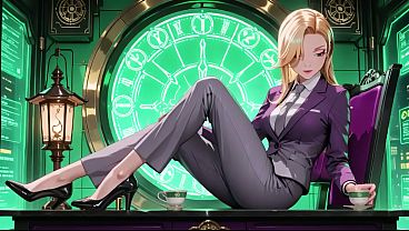 AI generated-Blonde Boss in Purple Suit! Office & Train Private Moments. She's multitasking with files while secretly adjusting her skirt... That gaze is deadly!