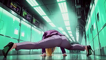 AI generated-Blonde Boss in Purple Suit! Office & Train Private Moments. She's multitasking with files while secretly adjusting her skirt... That gaze is deadly!