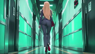 AI generated-Blonde Boss in Purple Suit! Office & Train Private Moments. She's multitasking with files while secretly adjusting her skirt... That gaze is deadly!