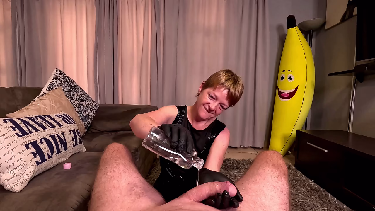 Mature WHORE wearing black dress jerking my BIG COCK in LATEX GLOVES, POV CUMSHOT