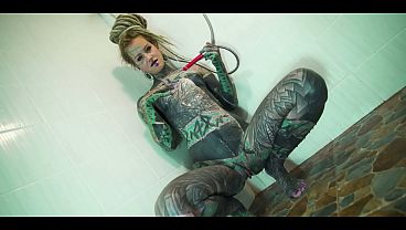 Heavily TATTOO model ANAL masturbation in shower