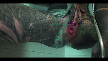 Heavily TATTOO model ANAL masturbation in shower