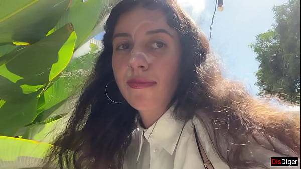 Cum on a girl's face in a public cafe - She eats lunch with cum on her face! - Cumwalk