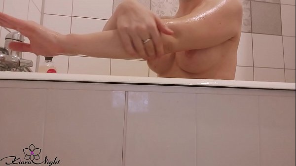 Horny Babe Foam Washes and Jerks Pussy with Wash Sponge in the Bath
