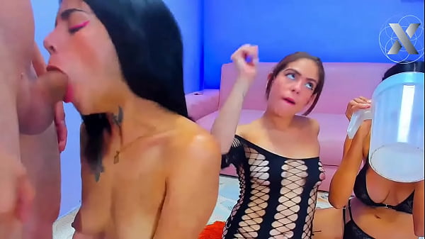 group of slutty friends give incredible blowjob to their gym trainer