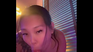 asian mistress gives sloppy dildo blowjob while girlfriend is at work