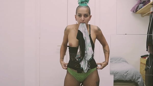 Short tattooed girl with green hair does a hot striptease!