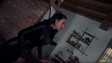 Mila - HOT Dark haired Big boobed catsuit burglar tied up wrap gagged with tape and totally helpless struggling EP