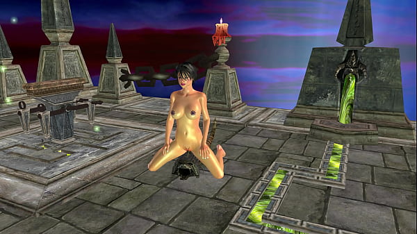 Animated 3D Cartoon Porn - A beautiful Tattooed girl rubbing her pussy against a broken stone piece in a temple