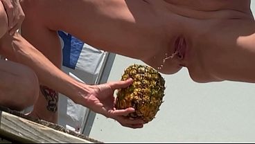 She fills pineapple with piss squirt for him urine drench