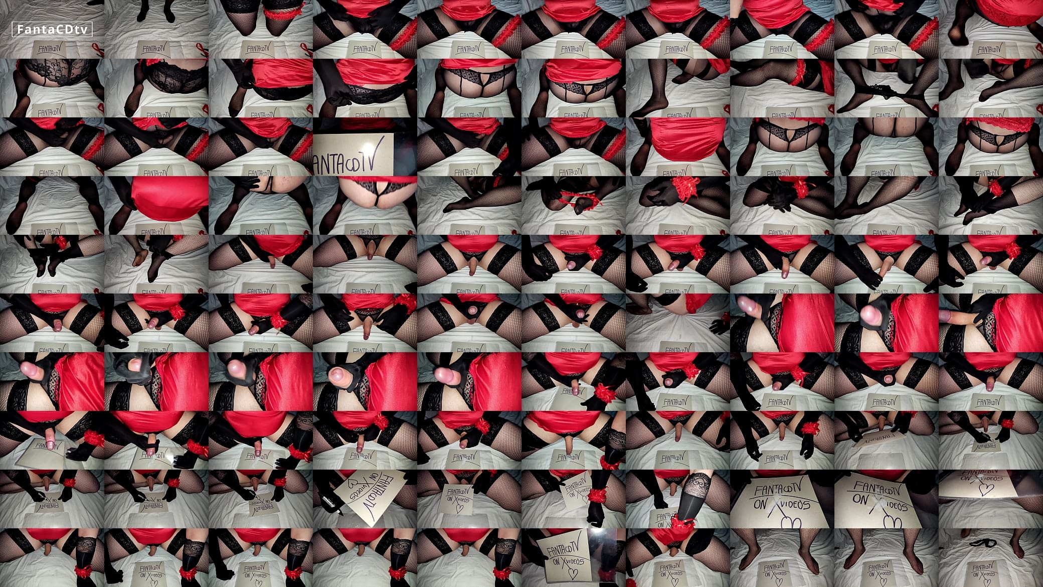 Crossdresser in sexy black lace shorts, crotchless thong, pantyhose, fishnet stockings and red nightie cums and eat it 预览图