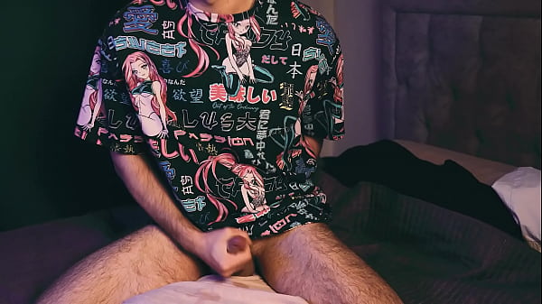 A young guy in an anime t-shirt masturbates lou...