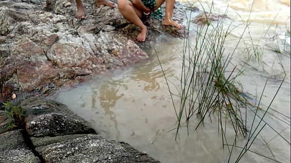 Fun sex with stepmom on the river bank in the forest
