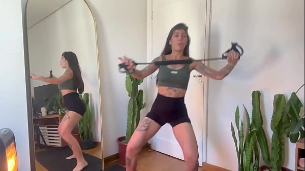 inked girl rubber band workout warm up strength SFW yoga fitness