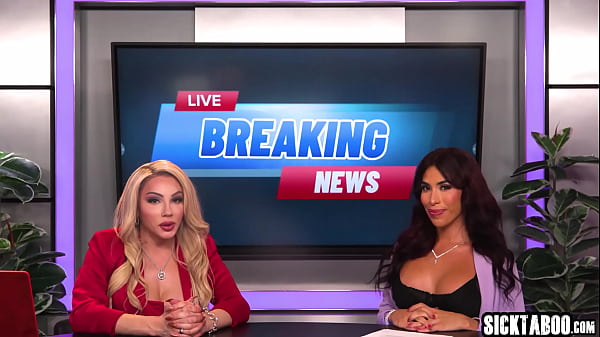 Download Video - Two big cock shemales fucked black MILF Destiny Mira in the middle of the TV program