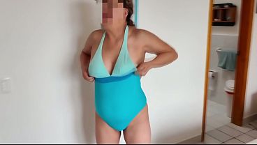 On the beach, my stepmother shows off her tits in public and I jerk off to her hairy pussy.