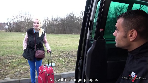 Traveling blonde make deal with stranger and fuck his big cock in driving car