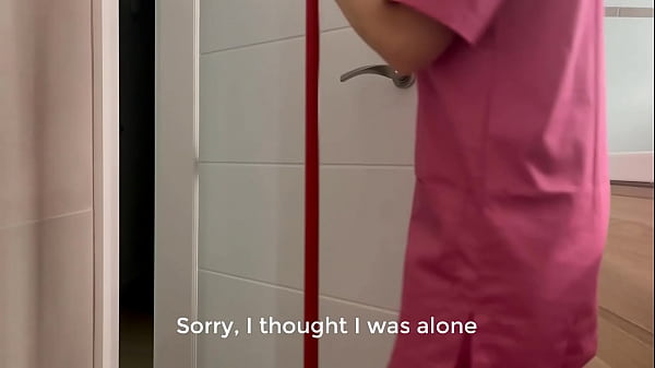 I jerk off to surprise the hotel cleaner who comes to clean the bathroom and she gives me a blowjob until I finish cumming