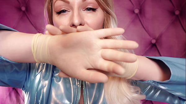 latex gloves and blue PVC coat
