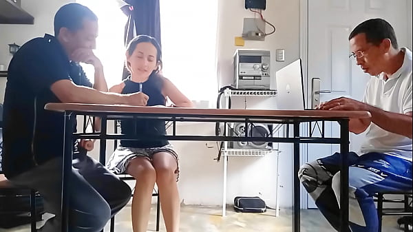 While the cuckold does the math, his cheating wife drains the contractor's cum under the table.