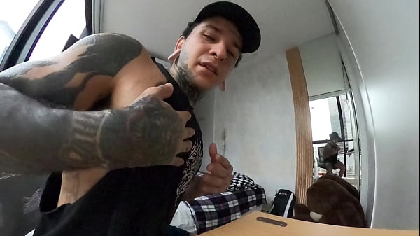 Sweaty giant returns from training and plays with tiny human, tries to devour him and spills sperm all over his body