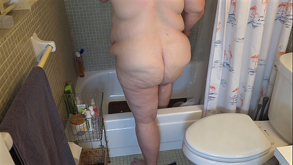 Big juicy fat ass white BBW milf taking shower with huge pussy lips showing - bubble butt granny flashing natural tits for the camera - chubby SSBBW woman thick curvy booty dripping wet pussy - giant ass