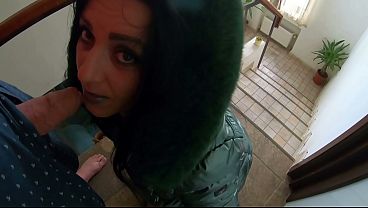 Slutty Mature Orgasm – Blowjob & Cum on Green Shiny Downjacket
