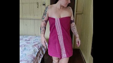 Curious Goddess - Hot brunette wearing only a towel, very horny.