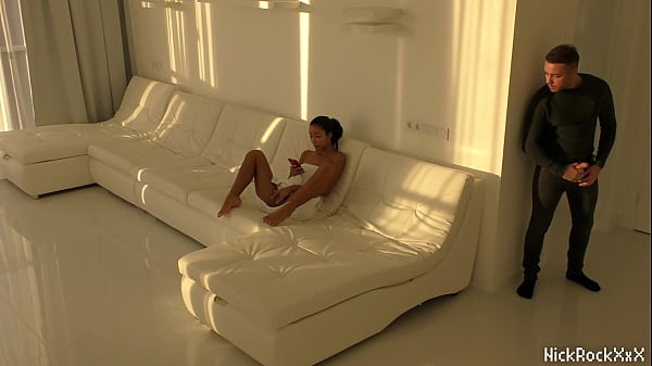 Black Asian Teen jumping on red cock in white room