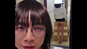 Shemale Ting xuan masturbates in front of the mirror