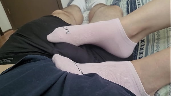 teen teases cock with toes gives footjob till cumshot on socks