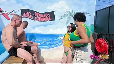 Pool orgy with a dark-skinned trans woman and two well-endowed men.