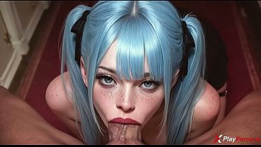 青い髪の美女レムがディープスロートでペニスを奥まで咥える [AI]