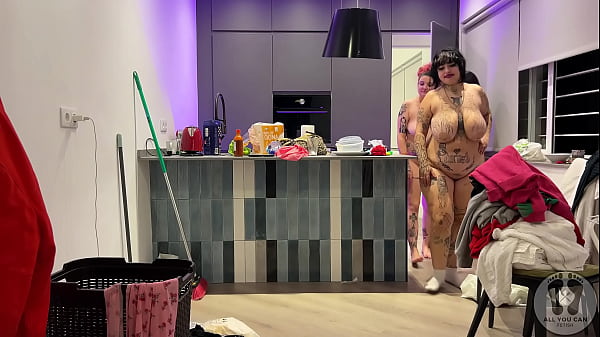 GGG CLEANING TIDYING KITCHEN SWEEPING THE FLOOR FULL NAKED