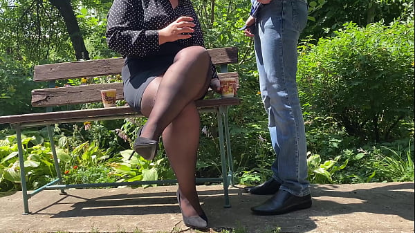 Colleague with adorable nymph legs gets a load of cum instead of creamer for coffee outside