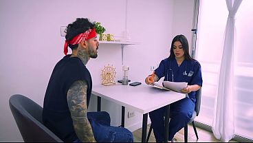 I visit a very sexy doctor to help me with my erections and end up fucking her hard until I cum on her big tits