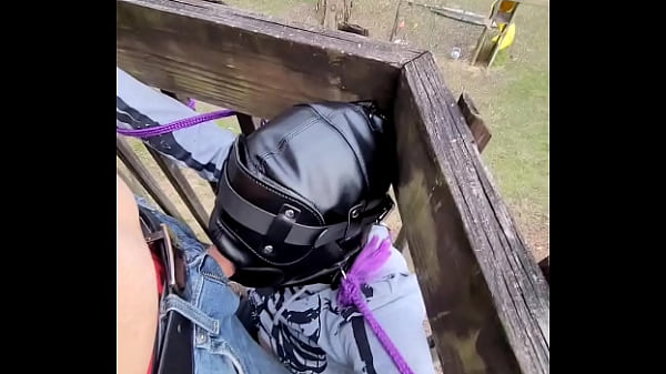 Masked sub tied up outside for deepthroat session