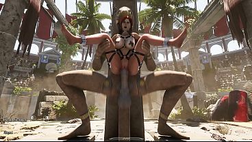 A crowd of strangers watch as Lara Croft's ass gets destroyed by a giant statue penis. BDSM outfit. 3D Hentai Game