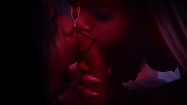 A real man gets devoured in the throat by a trans woman with a big ass while his wife sucks his cock!