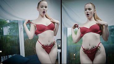 Blonde model with amazing tits in a red dress