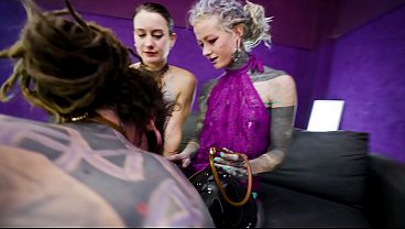Heavy TATTOOED sub played with and PEGGED by 2 dominas