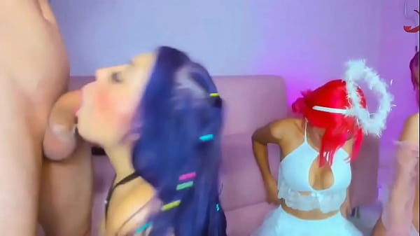 Purple haired girl gets throat fucked leaving cock drooling