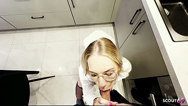 German slim blonde glasses Teen seduce to Quick POV Anal Creampie Fuck at kitchen