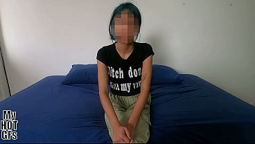 Beautiful young girl with blue hair gets fucked until she gets semen on her face