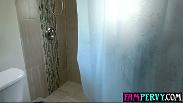 Showering teen stepsister invites pervert stepbro in to fuck him