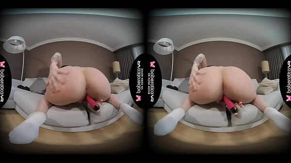 Solo blonde cock teaser, Kira is masturbating, in VR