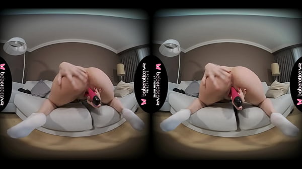 Solo blonde cock teaser, Kira is masturbating, in VR