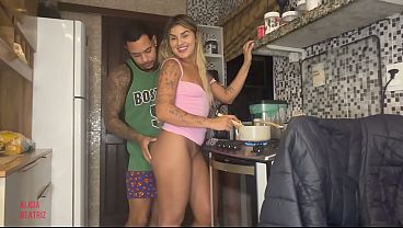 The lecherous neighbor waited for his wife to leave so he could go have sex with the blonde while she was making hot chocolate.