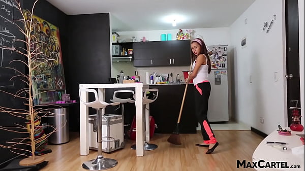 Little Laura cleans apt and cock